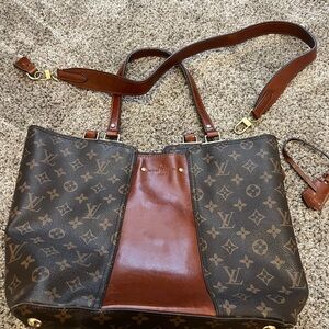 Louis Vuitton Monogram Canvas Tote with Brown Leather Center Panel